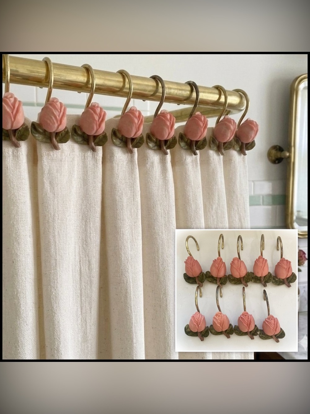 Vintage Romantic Resin Pink Rose Bud Shower Y2K Curtain Hooks Set of 9 Coquette